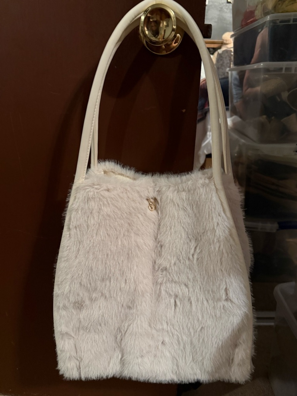 Victoria Secret White Faux Fur Shoulder Bag with Gold Accent